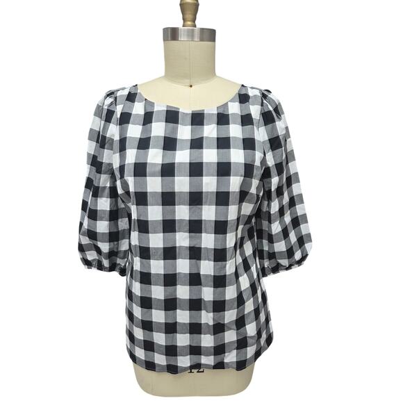 Talbots NWT Black White Gingham Check Top L 3/4 Sleeve Keyhole Neck Side Zip - Picture 1 of 6